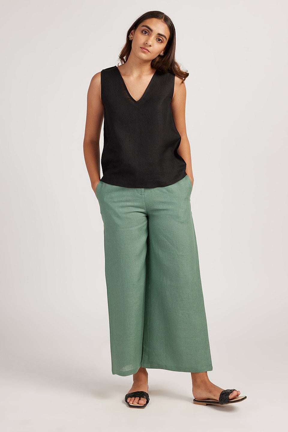 Women's Cotton Solid V Neck Sleeveless 2 Piece Outfit Loose Tank Top and Wide Leg Palazzo Pants Sets cord set ( Black Pista Green )