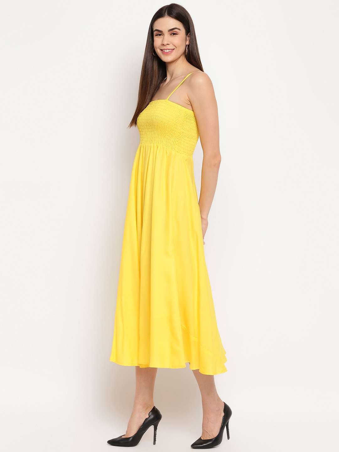 Women's Viscose Rayon Solid Shoulder Straps Sleeveless Flared Gown Drees (Yellow)