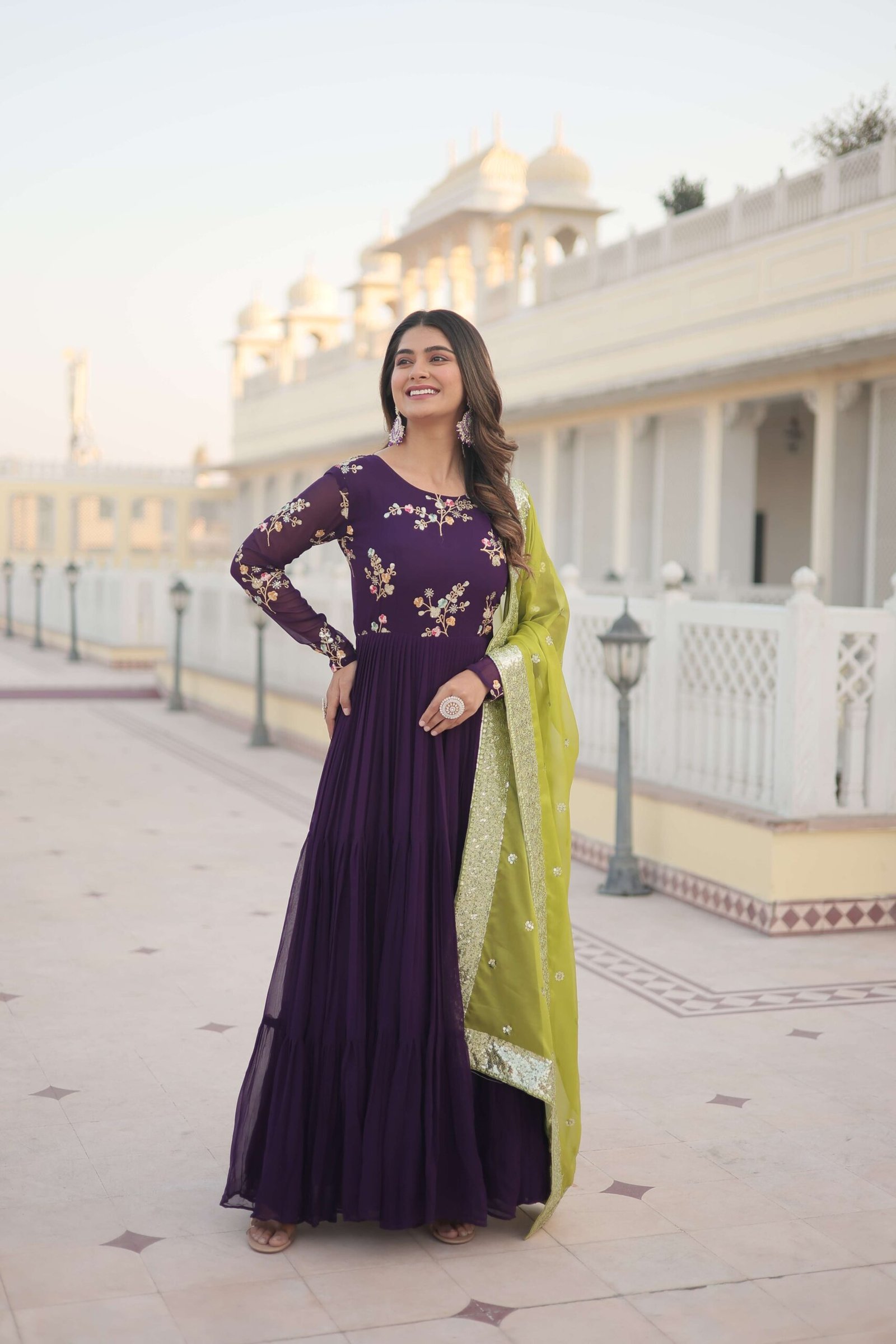 Purple Faux Georgette Designer Gown with Russian Silk Sequined Dupatta ? Elegant Fully Flared Party & Wedding Set