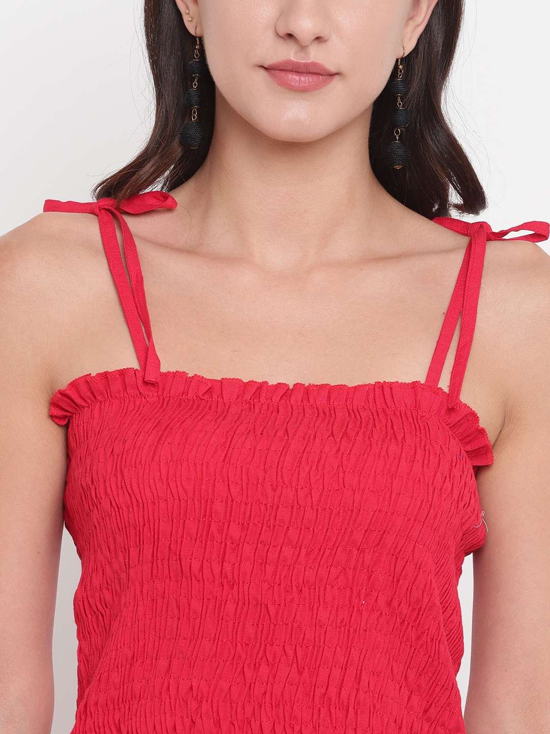 Women's Rayon Solid Casual Summer Style Tie Shoulder Straps Free Size Tank Top (Pink) - Image 3