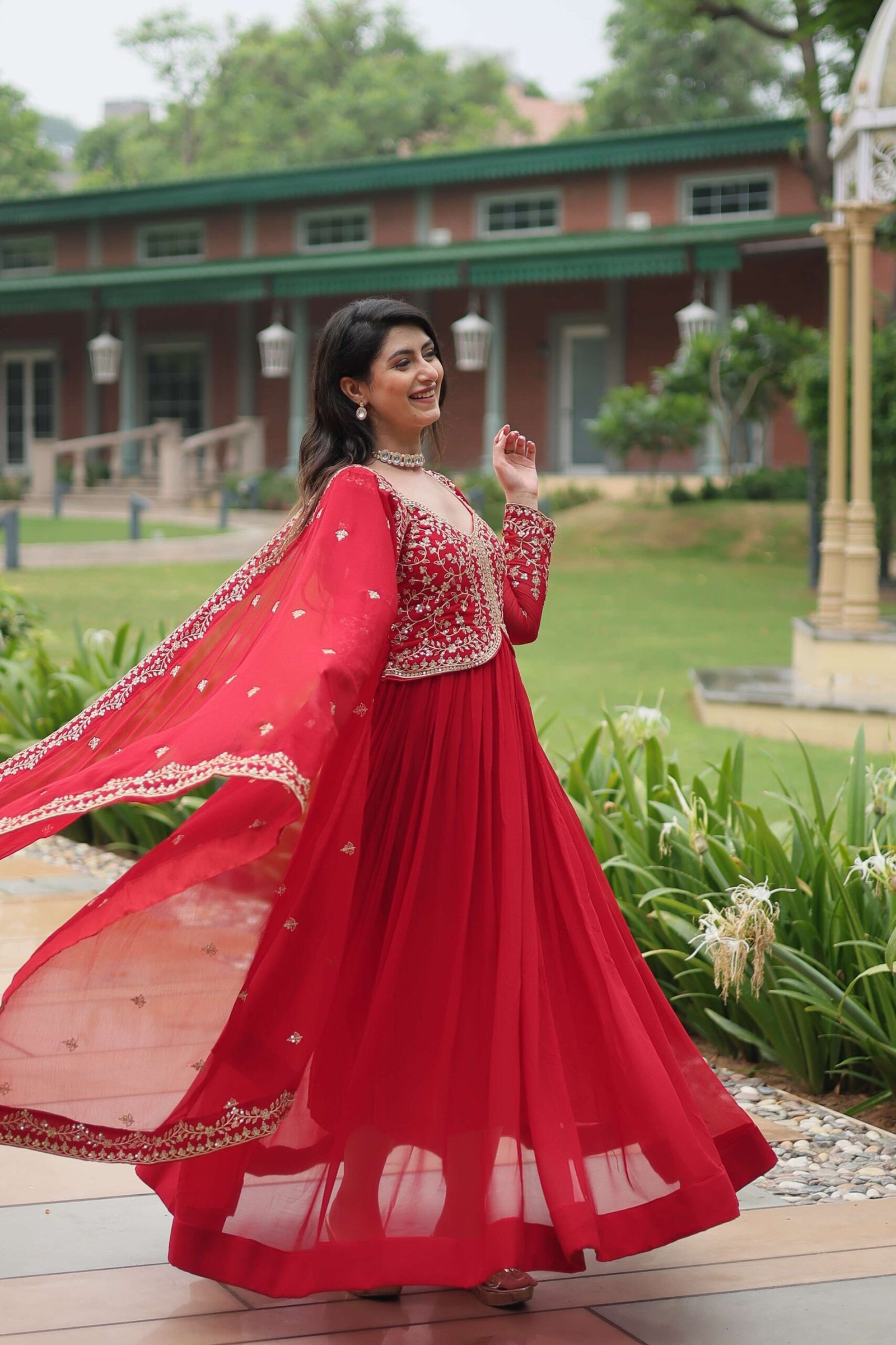 Red Faux Blooming Sequins & Zari Embroidered Gown with Matching Dupatta - Image 2