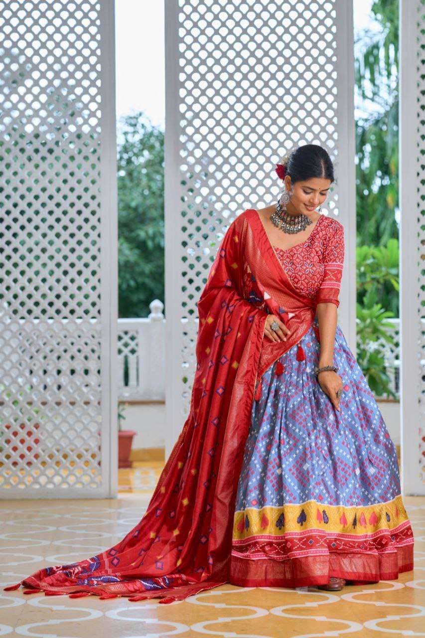 Sky Blue Tussar Silk Lehenga Choli with Red Blouse | Minakari & Foil Print | Wedding & Festive Wear - Image 4