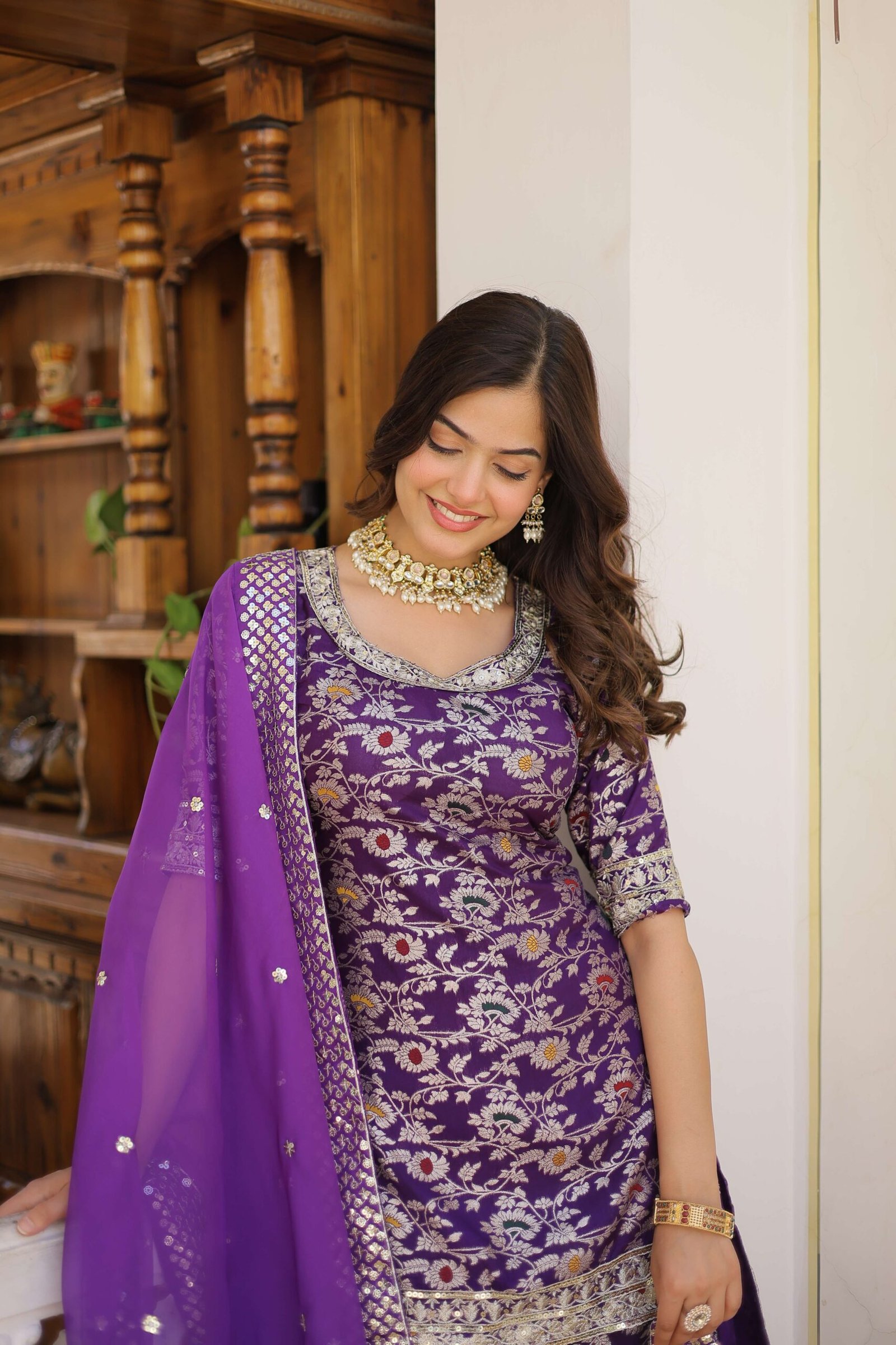 Purple Faux Blooming Sequins Embroidered Sharara Set with Matching Dupatta ? Festive & Party Wear 2024 - Image 6