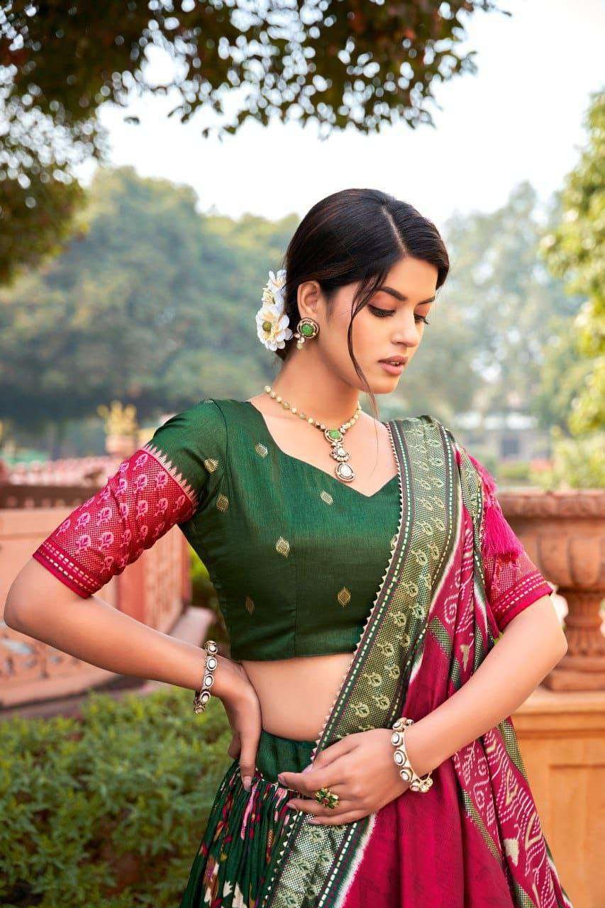 Maroon Tussar Silk Lehenga Choli with Forest Green Blouse | Minakari & Foil Print | Wedding & Festive Wear