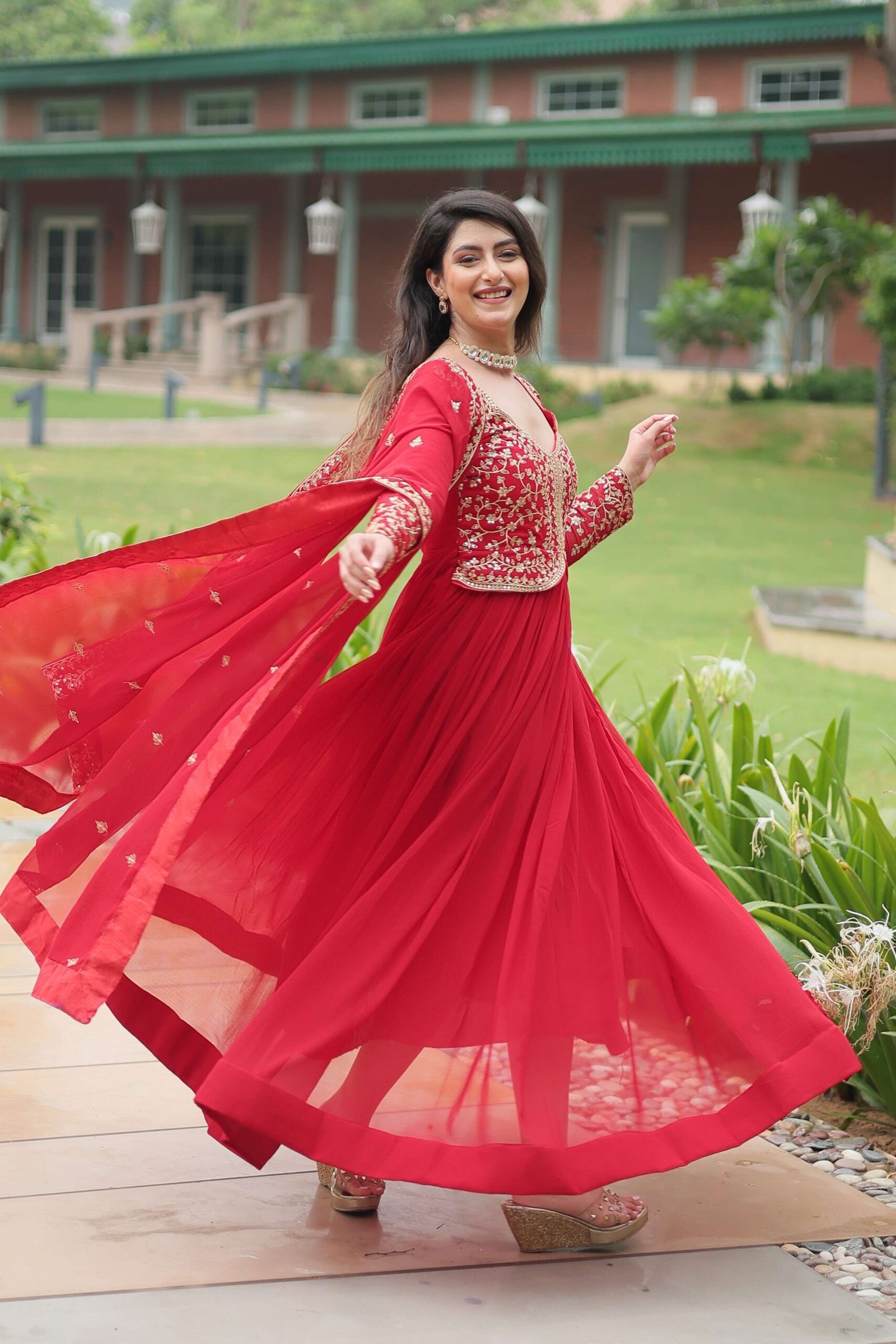Red Faux Blooming Sequins & Zari Embroidered Gown with Matching Dupatta - Image 7