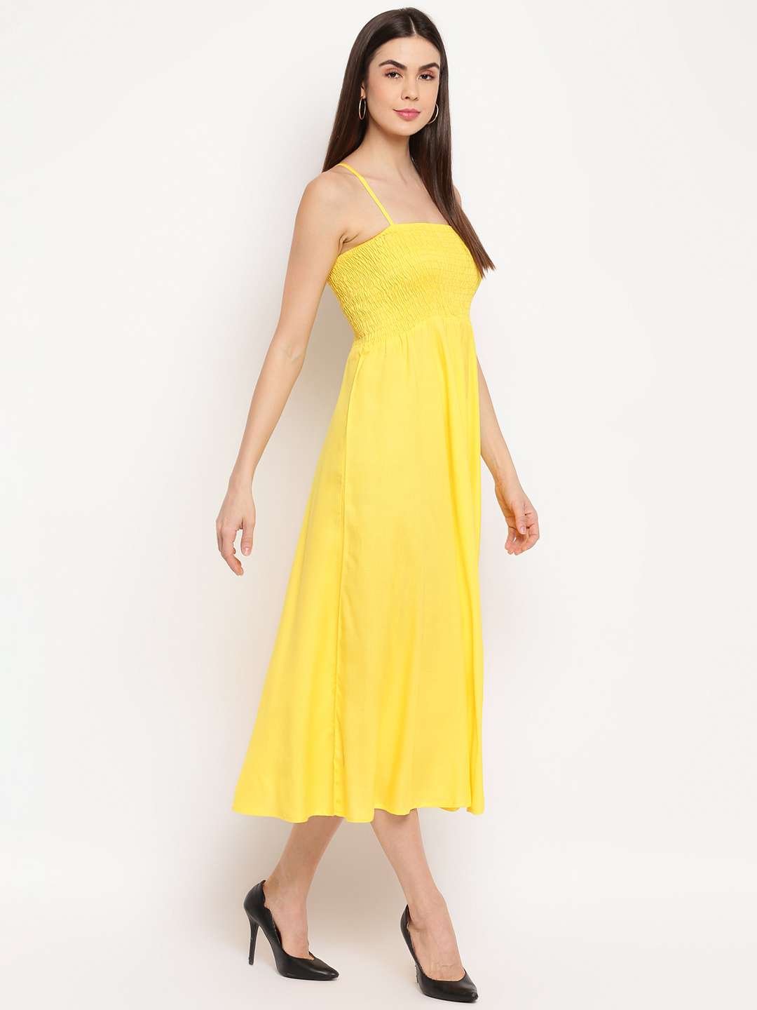Women's Viscose Rayon Solid Shoulder Straps Sleeveless Flared Gown Drees (Yellow) - Image 2