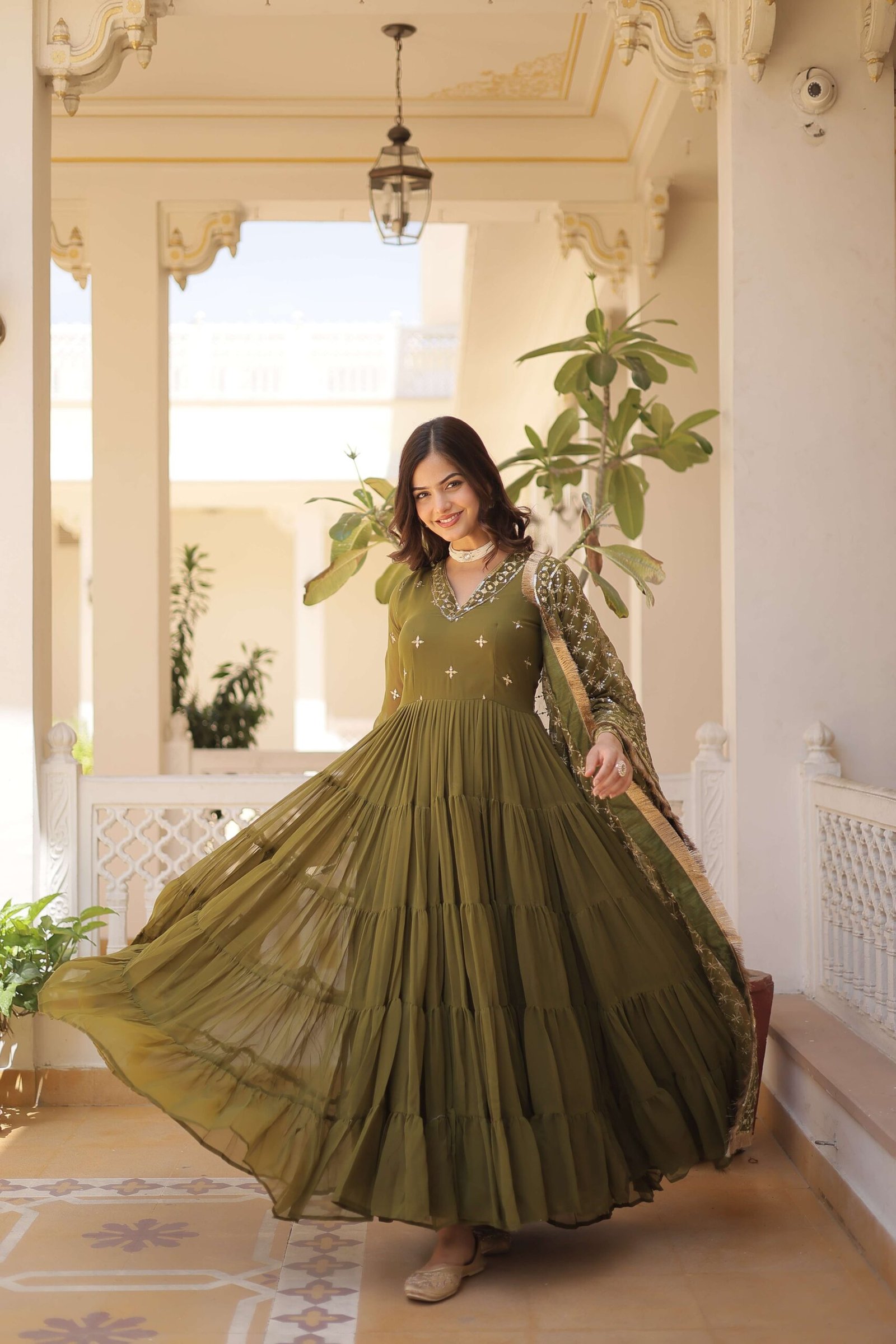 Mehandi Designer Faux Georgette Gown with Sequined Dupatta ? Elegant Festive & Party Wear Set - Image 8