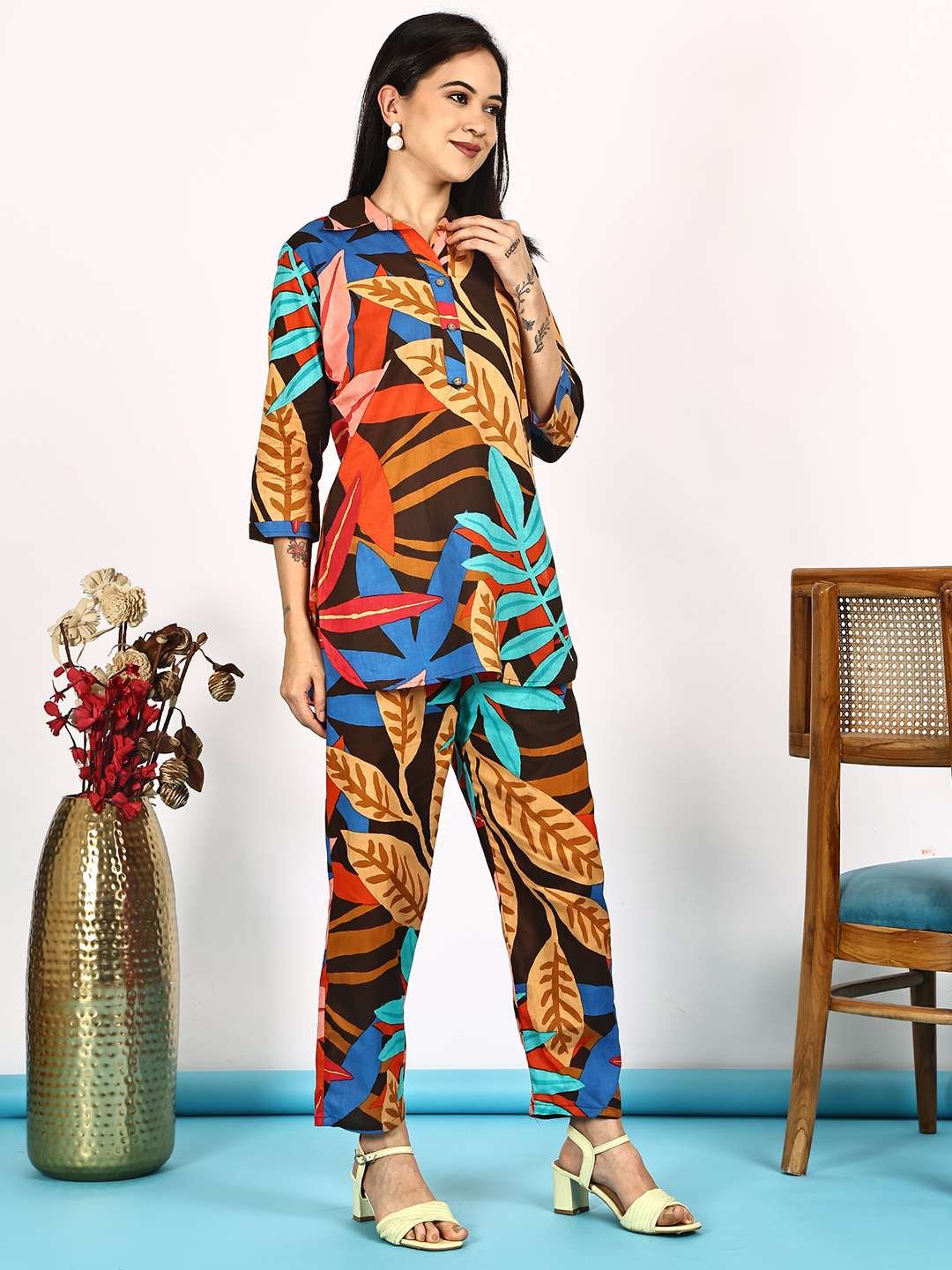 Women's Pure Cotton Printed Collared Top and Pant Co-ord Set (Multti Color1) - Image 3
