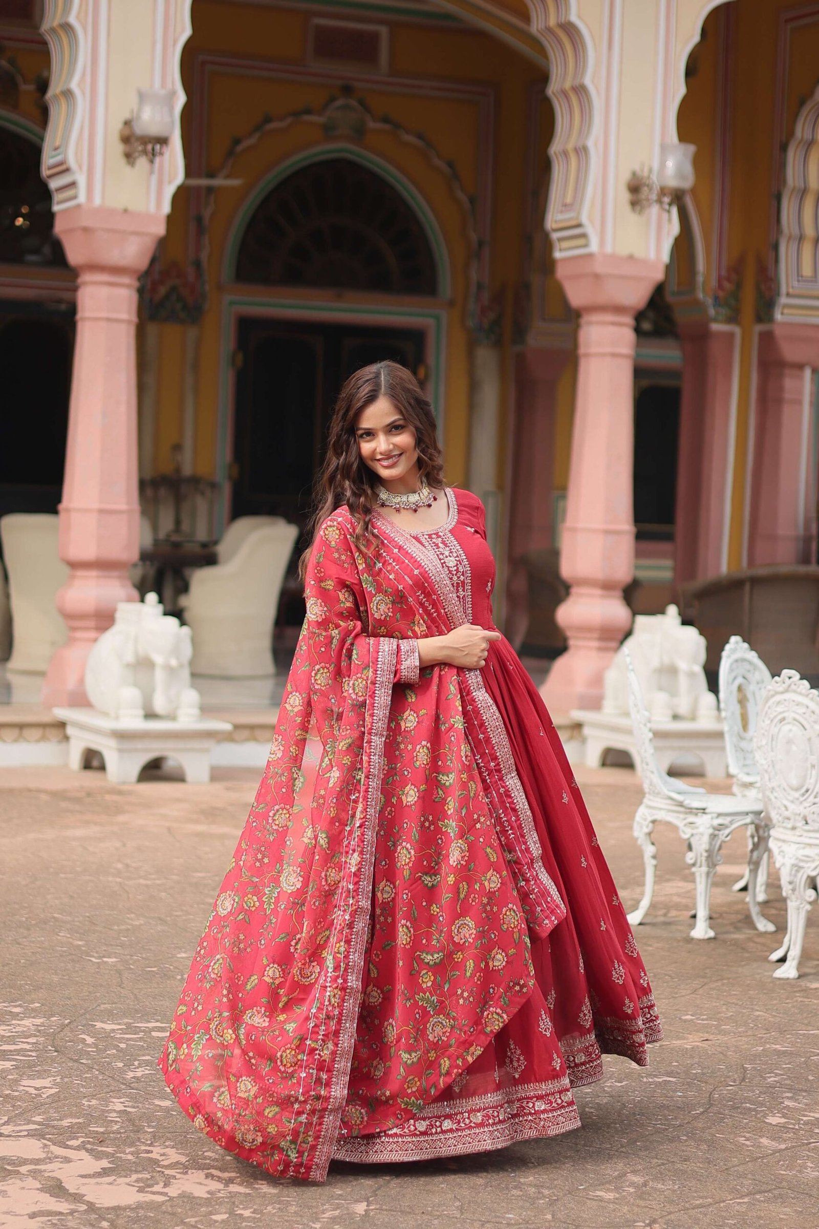 Maroon Designer Chinon Sequins Embroidered Gown with Kalamkari Silk Dupatta