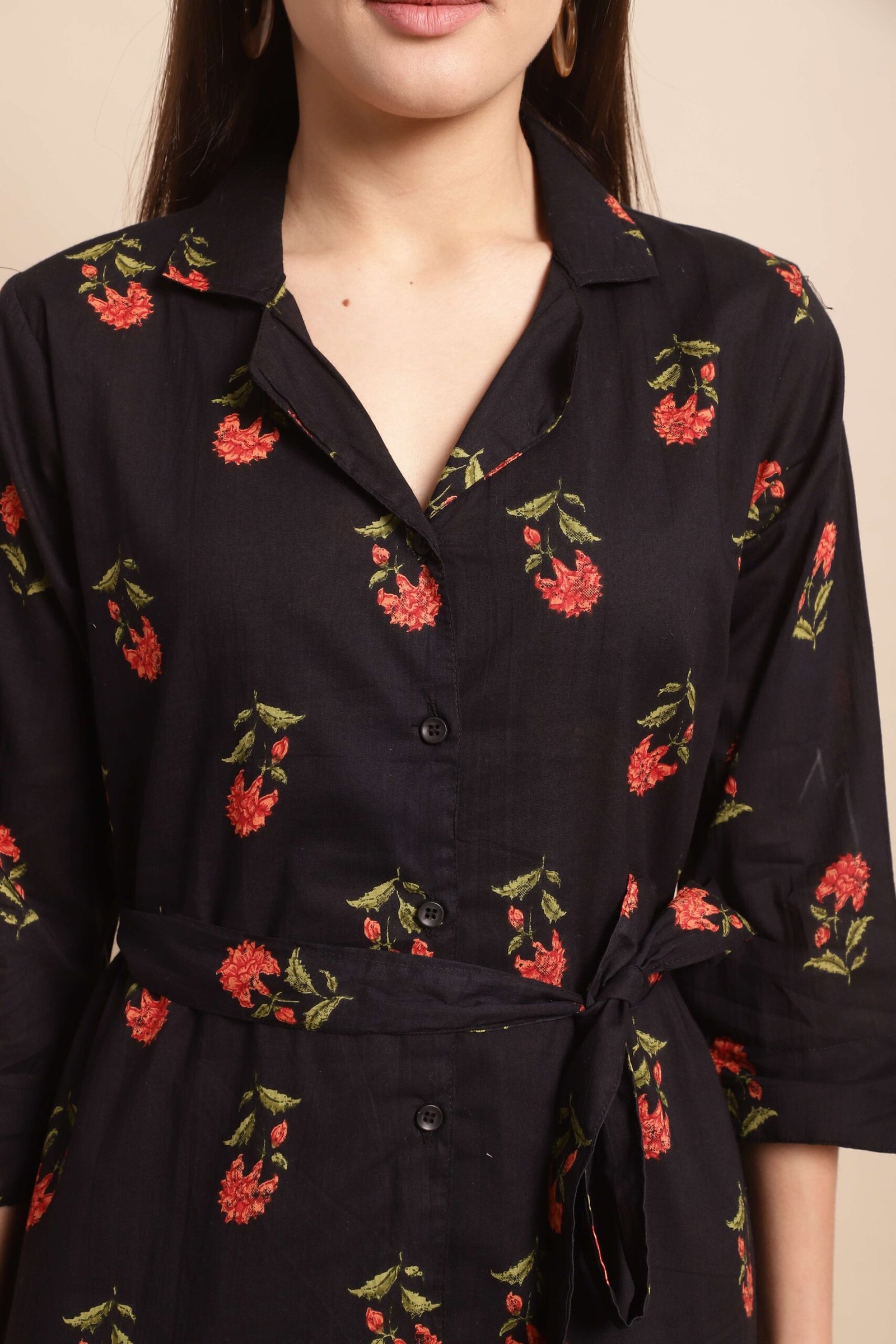 Women's Pure Cotton Printed Collared Top and Pant Co-ord Set (Black Rd) - Image 2