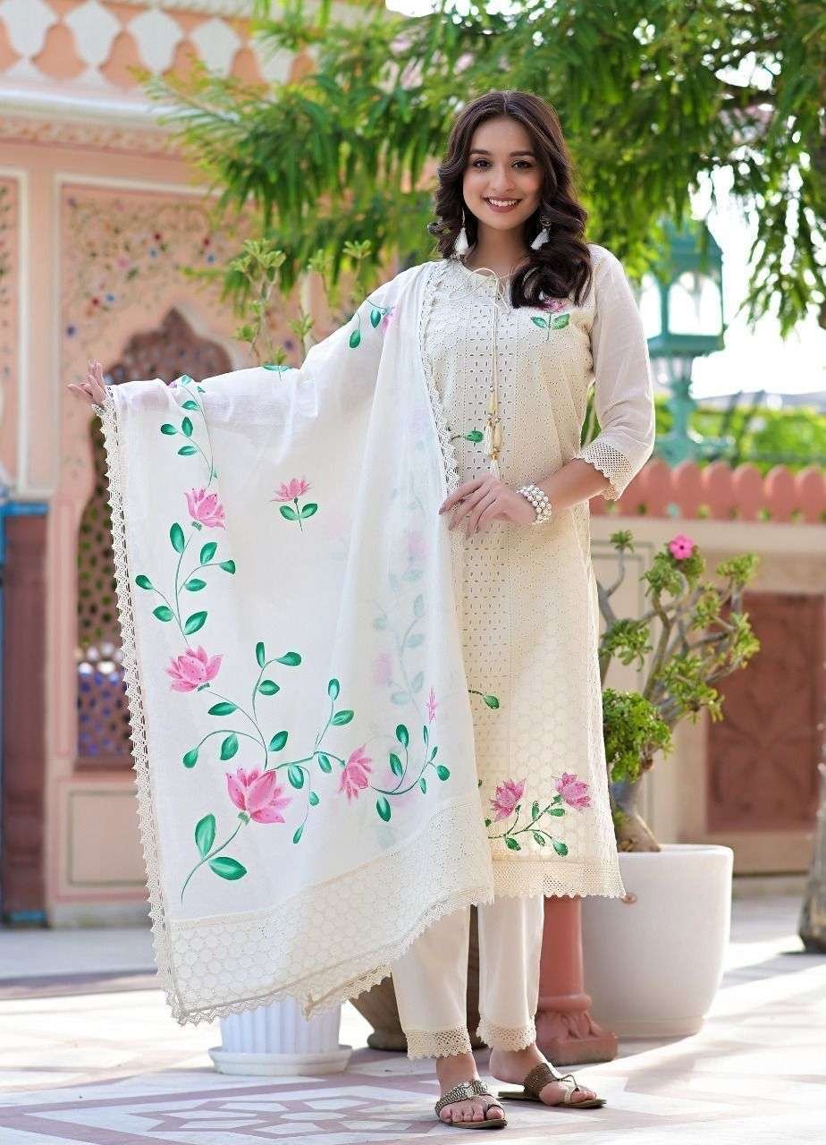 Women's Cotton Hand-Painted Chicken Shifli Straight Kurti With Pant and Mulmul Dupatta Set - Image 4