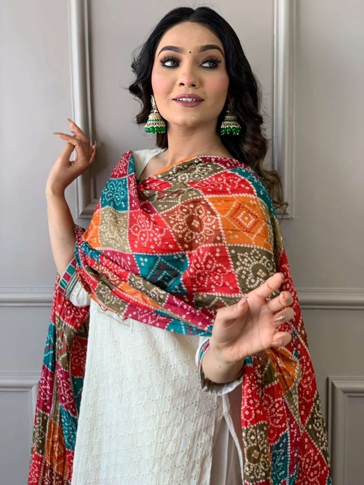 Women's Cotton Chikankari Print Straight Kurti with Pant andMulmul Dupatta Set - Image 4