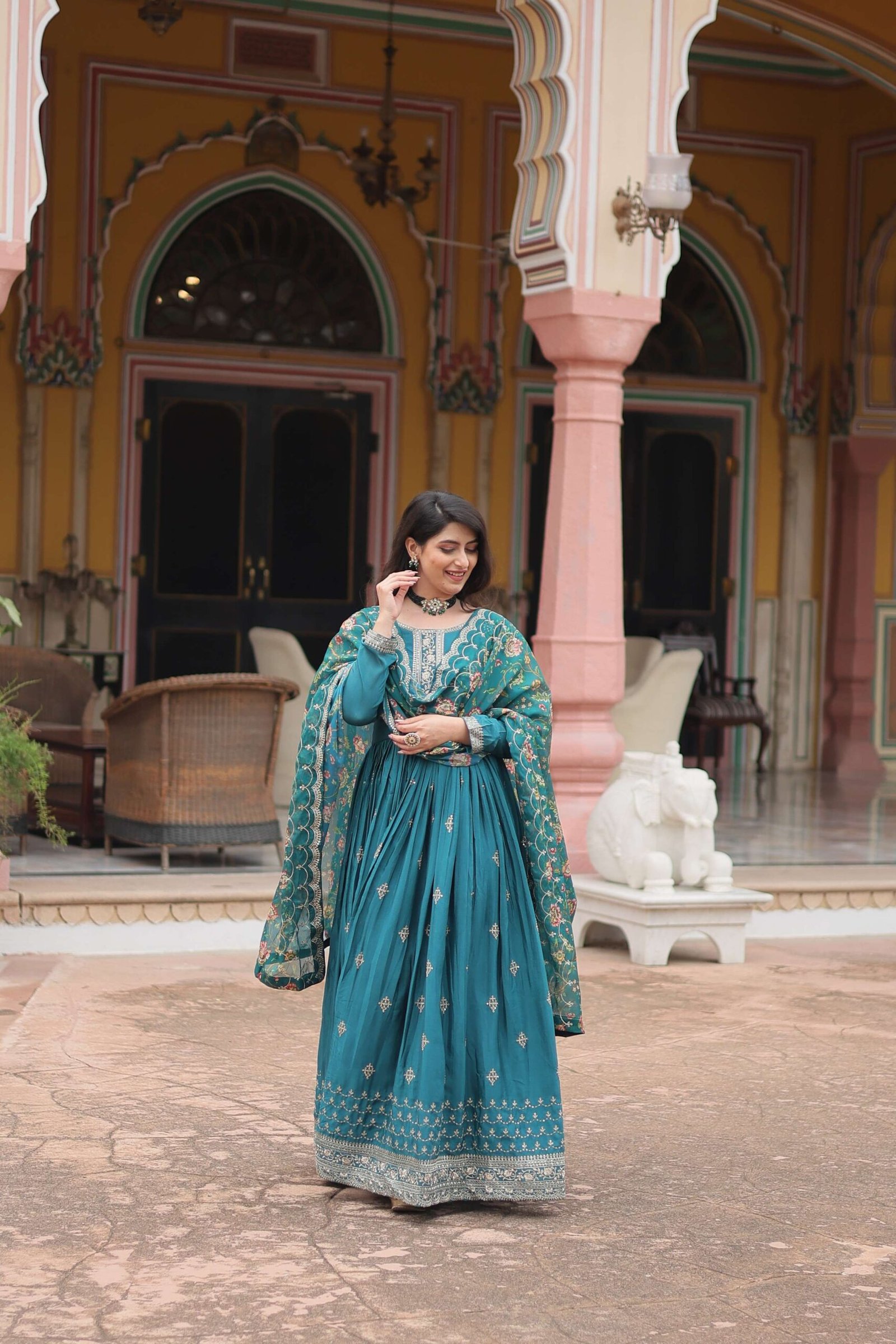 Rama Designer Chinon Sequins Embroidered Gown with Kalamkari Silk Dupatta - Image 5