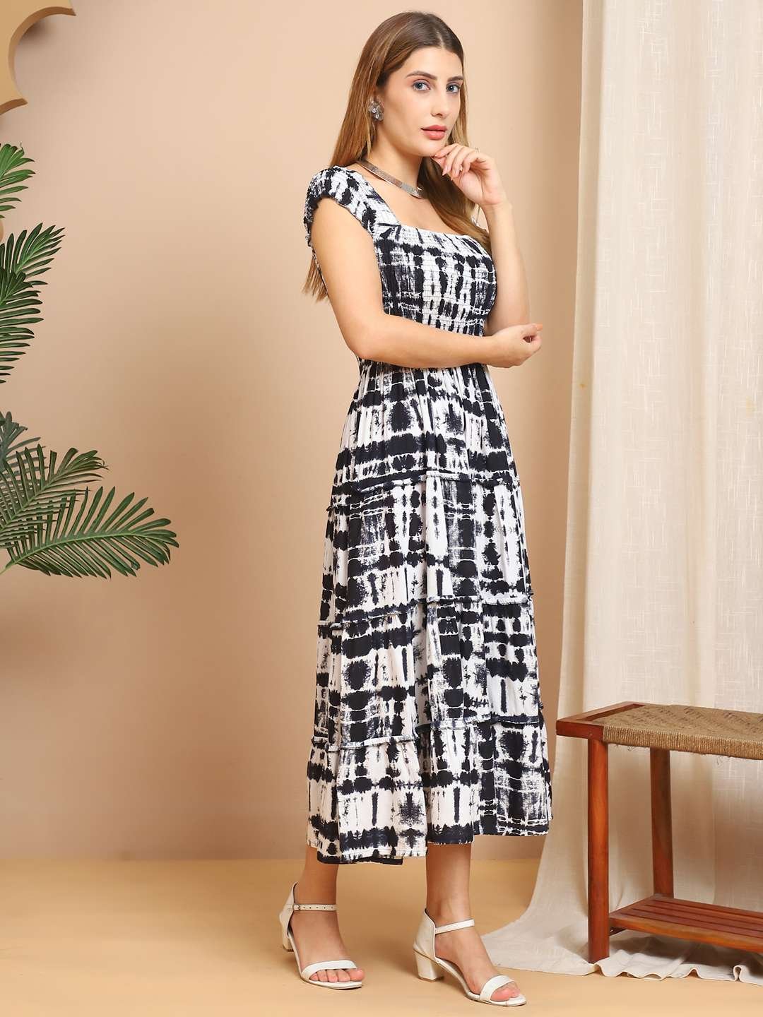 Women's Viscos Rayon Printed Off Shoulder Midi Dress For Summer And Casual Wear (Black White) - Image 3