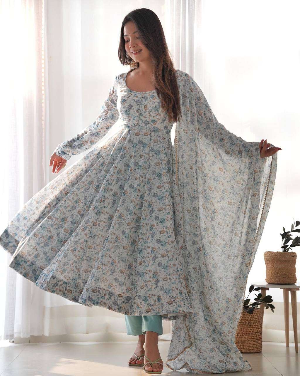 Womens Crunchy Silk Anarkali Kurti with Pant & Dupatta Set - Image 8