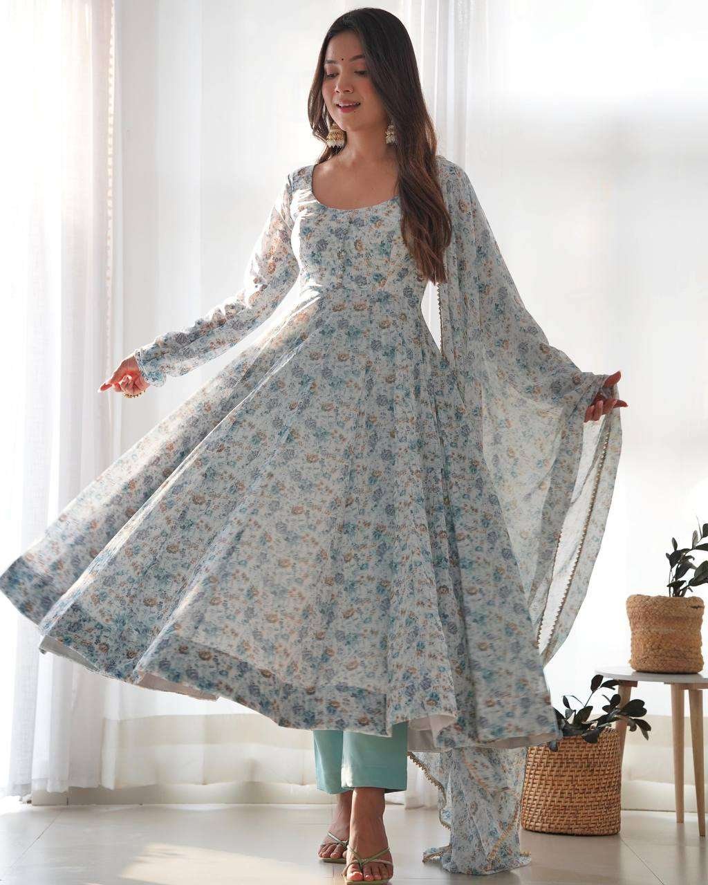 Womens Crunchy Silk Anarkali Kurti with Pant & Dupatta Set - Image 7