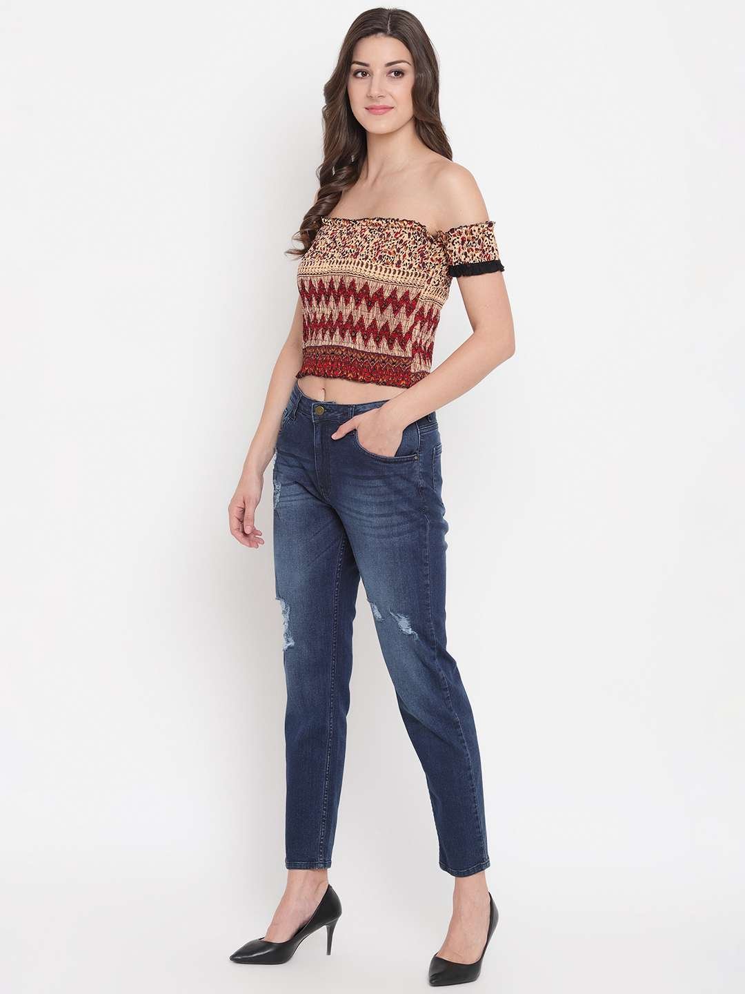 Women's Rayon Printed Off-Shoulder Smocked Crop Top Short Sleeve Casual Styles Tank Top (FREE SIZE) Multi8 - Image 3