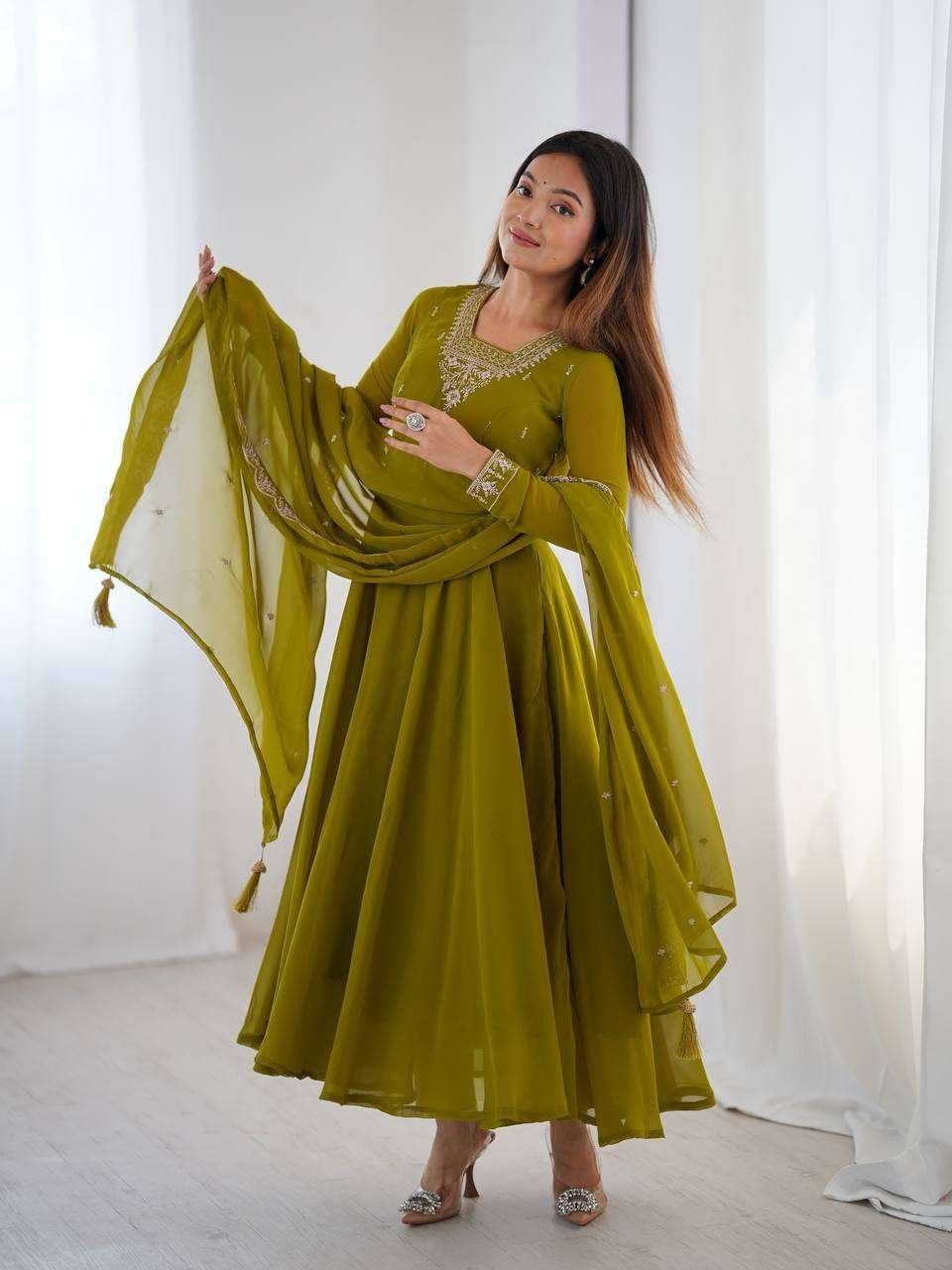 Womens Crunchy Silk Anarkali Kurti with Pant & Dupatta Set - Image 6