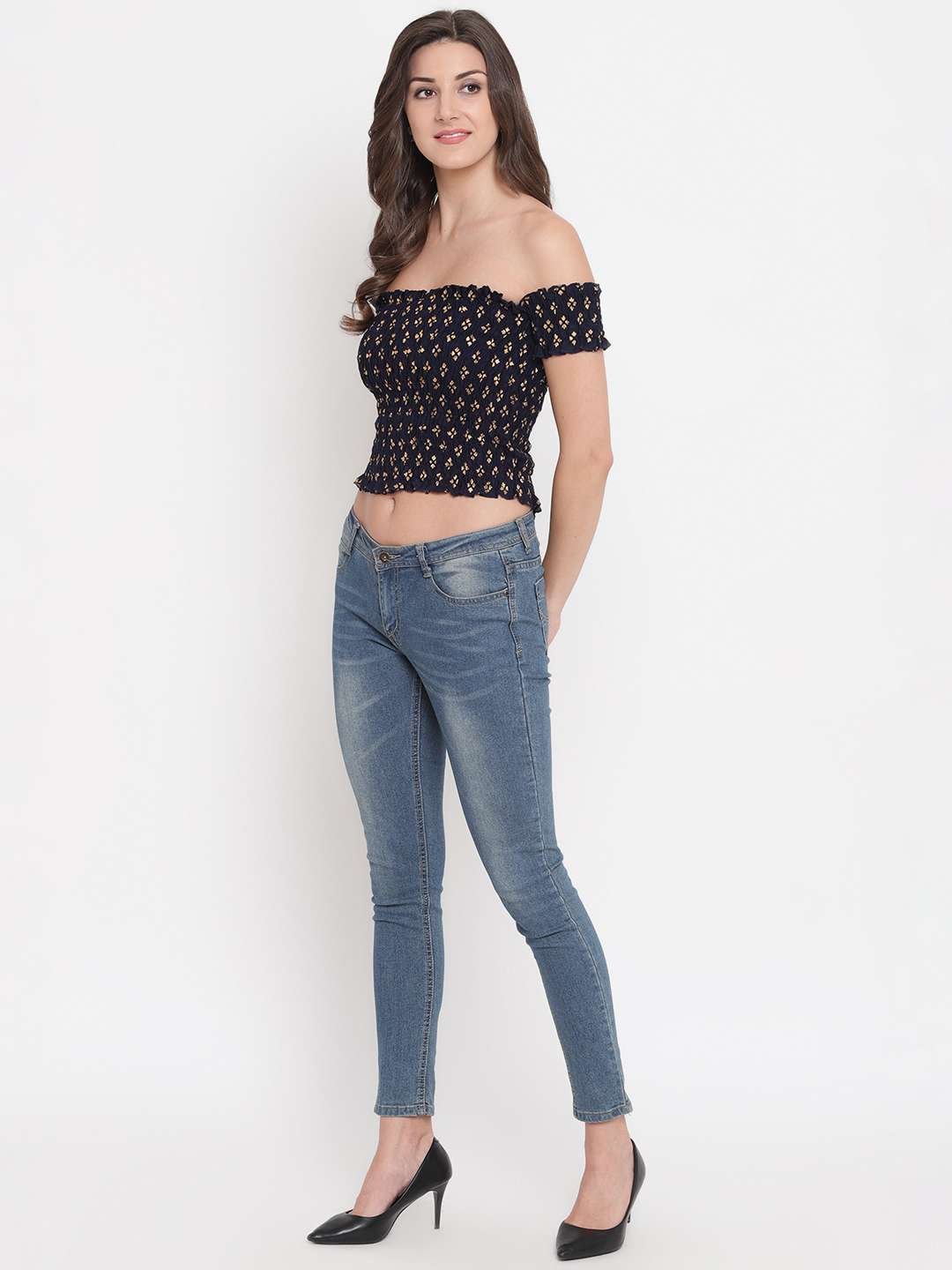 Women's Rayon Printed Off-Shoulder Smocked Crop Top Short Sleeve Casual Styles Tank Top (FREE SIZE) Multi12 - Image 4